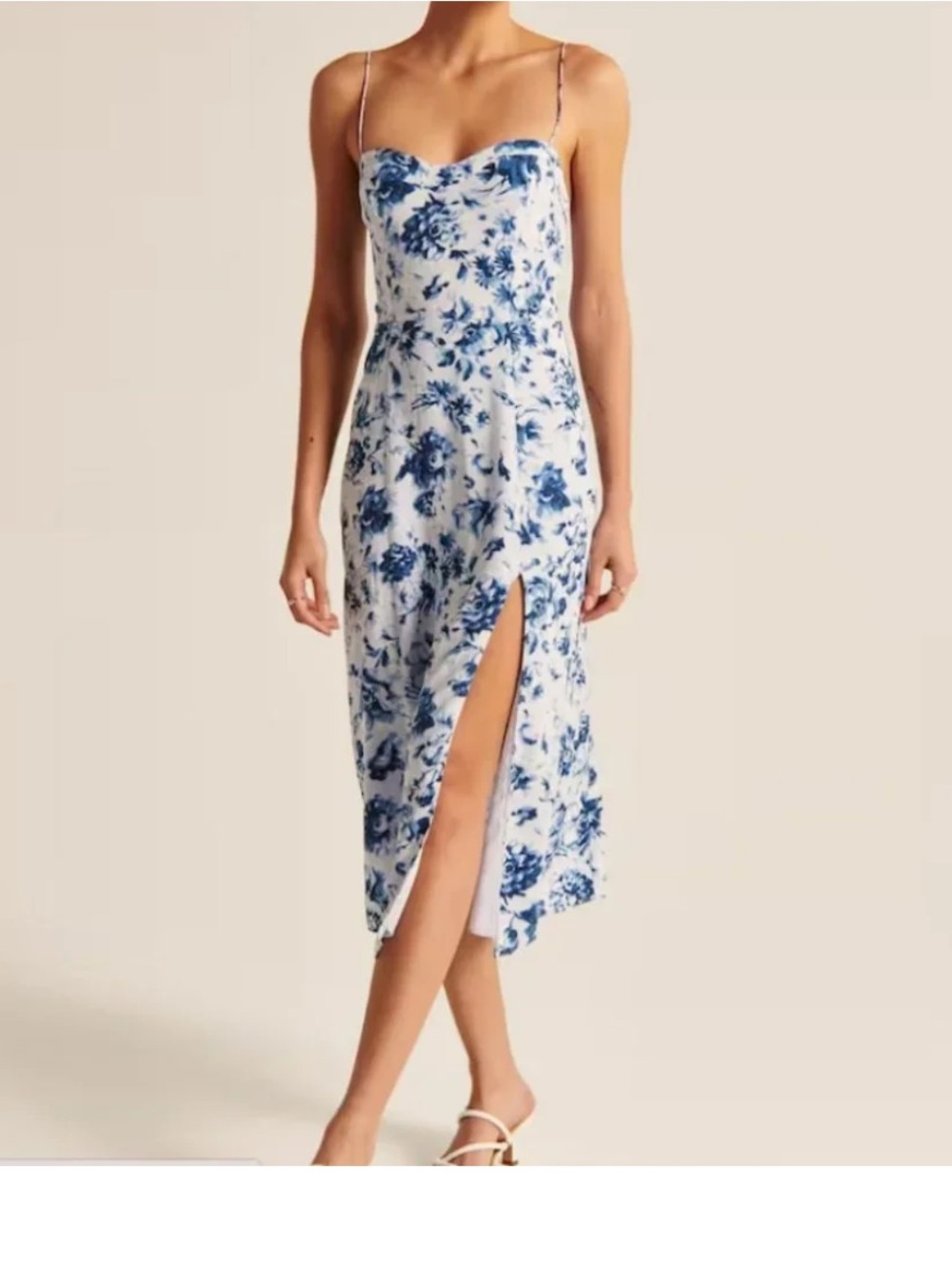 Abercrombie & Fitch White and Blue Floral Slip Midi Dress with Thigh Slit